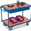 Variofit Tischwagen, Tragl. 250kg, 2xHolzplatte, Ladefl. LxB 1000x600mm, Holzböden, 2 Schubladen, RAL5010, TPE-Bereifung