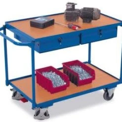 Variofit Tischwagen, Tragl. 250kg, 2xHolzplatte, Ladefl. LxB 1000x600mm, Holzböden, 2 Schubladen, RAL5010, TPE-Bereifung