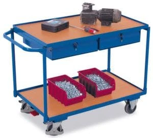 Variofit Tischwagen, Tragl. 250kg, 2xHolzplatte, Ladefl. LxB 1000x600mm, Holzböden, 2 Schubladen, RAL5010, TPE-Bereifung 3 Variofit Tischwagen, Tragl. 250kg, 2xHolzplatte, Ladefl. LxB 1000x600mm, Holzböden, 2 Schubladen, RAL5010, TPE-Bereifung