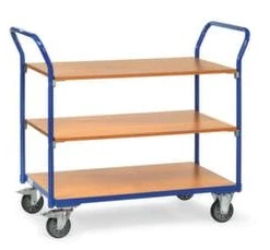 Fetra Tischwagen, Tragl. 200kg, 3xHolzplatte, Ladefl. LxB 1000x600mm, Holzböden, RAL5007, TPE-Bereifung