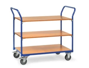 Fetra Tischwagen, Tragl. 200kg, 3xHolzplatte, Ladefl. LxB 850x500mm, Holzböden, RAL5007, TPE-Bereifung 5 Fetra Tischwagen, Tragl. 200kg, 3xHolzplatte, Ladefl. LxB 850x500mm, Holzböden, RAL5007, TPE-Bereifung – Bild 3