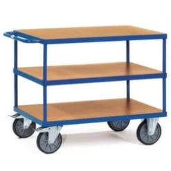 Fetra Tischwagen, Tragl. 600kg, 3 Etage(n), Ladefl. LxB 1200x800mm, Holzböden, RAL5007, TPE-Bereifung