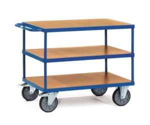 Fetra Tischwagen, Tragl. 600kg, 3 Etage(n), Ladefl. LxB 1200x800mm, Holzböden, RAL5007, TPE-Bereifung 3 Fetra Tischwagen, Tragl. 600kg, 3 Etage(n), Ladefl. LxB 1200x800mm, Holzböden, RAL5007, TPE-Bereifung
