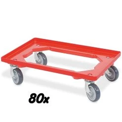 Null 80x Transportroller Für 600 X 400 Mm Eurobehälter, Rot, 4 Lenkrollen, Graue Gummiräder