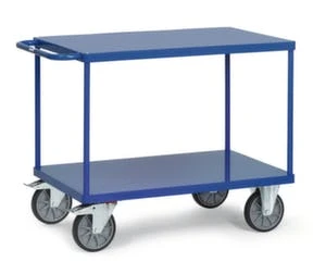 Fetra Tischwagen, Tragl. 600kg, 2 Etage(n), Ladefl. LxB 1200x800mm, Holzböden, RAL5007, TPE-Bereifung 6 Fetra Tischwagen, Tragl. 600kg, 2 Etage(n), Ladefl. LxB 1200x800mm, Holzböden, RAL5007, TPE-Bereifung – Bild 4