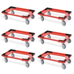 Null 6 Transportroller Für 600x400 Mm Drehstapelbehälter, Offen, Gr. Gummiräder, Rot