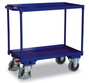 Variofit Tischwagen, Tragl. 400kg, 2xStahlblechplatte, Ladefl. LxB 845x495mm, Blechwannen, RAL5010, TPE-Bereifung 3 Variofit Tischwagen, Tragl. 400kg, 2xStahlblechplatte, Ladefl. LxB 845x495mm, Blechwannen, RAL5010, TPE-Bereifung