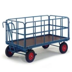 Rollcart Handpritschenwagen, Tragl. 1000kg, Ladefl. LxB 1530x730mm, Siebdruckplatte, 4 Wände, RAL5010, 4 Räder, Vollgummi-Bereifung