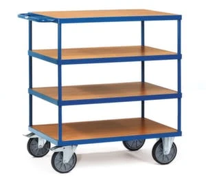 Fetra Tischwagen, Tragl. 600kg, 3 Etage(n), Ladefl. LxB 1200x800mm, Holzböden, RAL5007, TPE-Bereifung 5 Fetra Tischwagen, Tragl. 600kg, 3 Etage(n), Ladefl. LxB 1200x800mm, Holzböden, RAL5007, TPE-Bereifung – Bild 3