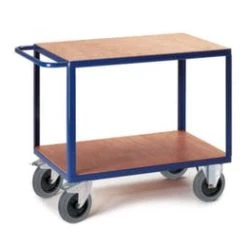 Rollcart Tischwagen, Tragl. 600kg, 2 Etage(n), Ladefl. LxB 850x500mm, Holzböden, RAL5010, TPE-Bereifung