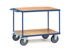 Fetra Tischwagen, Tragl. 600kg, 2 Etage(n), Ladefl. LxB 1200x800mm, Holzböden, RAL5007, TPE-Bereifung 3 Fetra Tischwagen, Tragl. 600kg, 2 Etage(n), Ladefl. LxB 1200x800mm, Holzböden, RAL5007, TPE-Bereifung