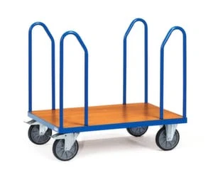Variofit Seitenbügelwagen, Tragl. 400kg, Ladefl. LxB 910x460mm, Holzplatte, 4 Bügel, RAL5010, 2 Lenk-/2 Bockrollen, TPE-Bereifung 4 Variofit Seitenbügelwagen, Tragl. 400kg, Ladefl. LxB 910x460mm, Holzplatte, 4 Bügel, RAL5010, 2 Lenk-/2 Bockrollen, TPE-Bereifung – Bild 2