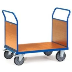 Fetra Doppelstirnwandwagen, Tragl. 500kg, Ladefl. LxB 1000x700mm, Holzplatte, 2 Wände, RAL5007, 2 Lenk-/2 Bockrollen, TPE-Bereifung