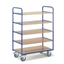 Rollcart Etagenwagen, Tragl. 250kg, 5 Etage(n), Ladefl. LxB 1000x600mm, Holzböden, RAL5010, TPE-Bereifung