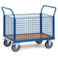 Fetra Gitter-Vierwandwagen, Tragl. 400kg, Ladefl. LxB 850x500mm, Holzplatte, 4 Wände, RAL5007, 2 Lenk-/2 Bockrollen, TPE-Bereifung