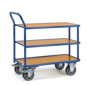 Fetra Tischwagen, Tragl. 200kg, 3xHolzplatte, Ladefl. LxB 850x500mm, Holzböden, RAL5007, TPE-Bereifung 4 Fetra Tischwagen, Tragl. 200kg, 3xHolzplatte, Ladefl. LxB 850x500mm, Holzböden, RAL5007, TPE-Bereifung – Bild 2