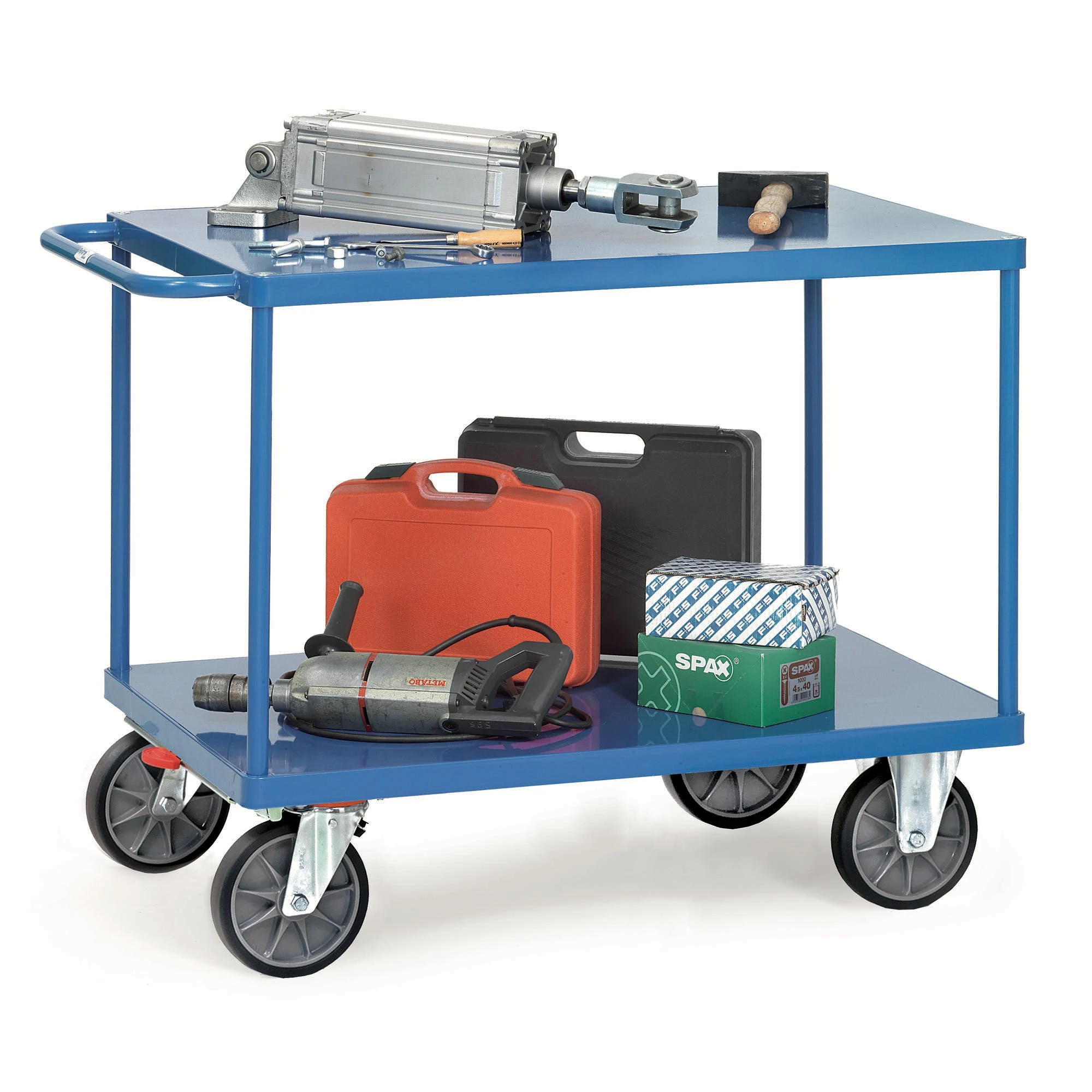 Fetra Tischwagen, Tragl. 600kg, 2 Etage(n), Ladefl. LxB 1000x600mm, RAL5007, TPE-Bereifung 8 Fetra Tischwagen, Tragl. 600kg, 2 Etage(n), Ladefl. LxB 1000x600mm, RAL5007, TPE-Bereifung – Bild 6