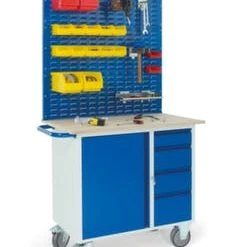 Rollcart Werkbank- Und Montagewagen, Tragl. 400kg, Ladefl. LxB 1000x600mm, Holzplatte, RAL7035/RAL5010, 1 Lochplatte(n), 4 Schubladen -Vago-tools-Geschäft b89dab17 b66a 435c 88ed 591e1fa38add