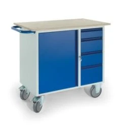 Rollcart Werkbank- Und Montagewagen, Tragl. 400kg, Ladefl. LxB 1000x600mm, Holzplatte, RAL7035/RAL5010, 1 Lochplatte(n), 4 Schubladen -Vago-tools-Geschäft d28fe164 bd32 46ca a5b0 79b6a96ca453