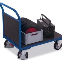 Variofit Stirnwandwagen, Tragl. 1000kg, Ladefl. LxB 1025x700mm, Siebdruckplatte, 1 Wand, RAL5010, 2 Lenk-/2 Bockrollen