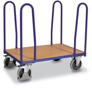 Variofit Seitenbügelwagen, Tragl. 400kg, Ladefl. LxB 910x460mm, Holzplatte, 4 Bügel, RAL5010, 2 Lenk-/2 Bockrollen, TPE-Bereifung 5 Variofit Seitenbügelwagen, Tragl. 400kg, Ladefl. LxB 910x460mm, Holzplatte, 4 Bügel, RAL5010, 2 Lenk-/2 Bockrollen, TPE-Bereifung – Bild 3